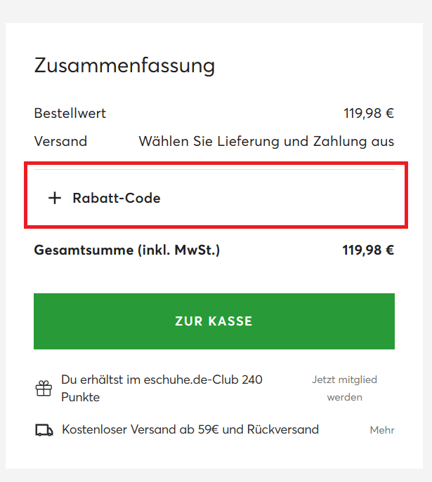 eSchuhe Rabatt Code Eingabefeld
