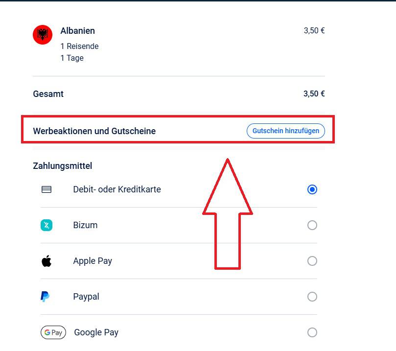 Screenshot von der Bestellübersicht, um einen eSimFLAG Gutschein einzugeben