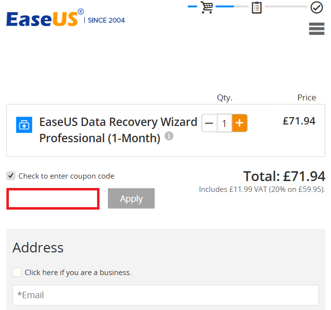EaseUS discount code box on the payment page