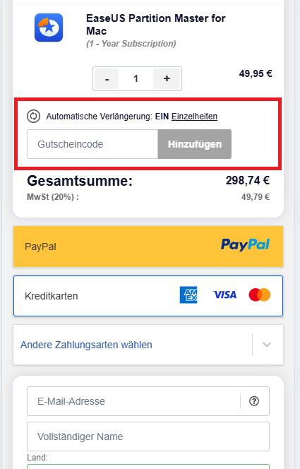 Screenshot vom Eingabefeld für den EaseUS Gutscheincode