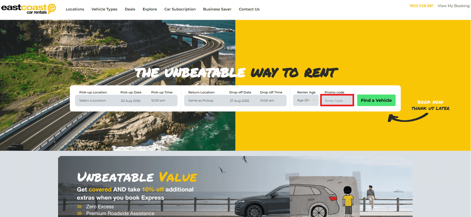 East Coast Car Rentals promo code redemption box during booking process