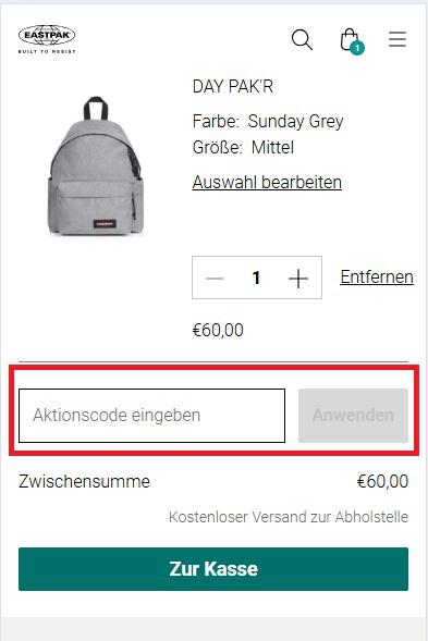 Eingabefeld für einen Eastpak Aktionscode in der Warenkorbansicht