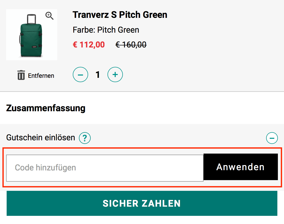 Eingabefeld für den Eastpak Gutschein im Warenkorb
