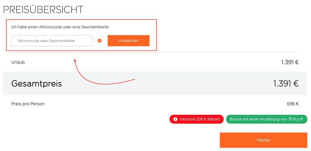 Buchungsprozess-Screenshot mit Eingabefeld für deinen easyJet Holidays Gutschein