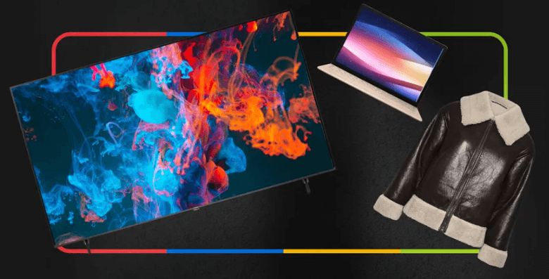 eBay black friday image - A tv, laptop and jacket against a black background