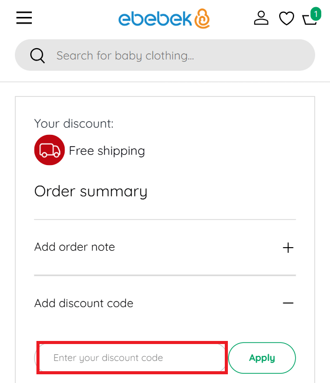 ebebek discount code application box in shopping basket