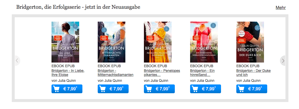 Ansicht des Webshops von eBook.de mit aktuellen Angeboten um die Bücher der Netflix Serie Bridgerton
