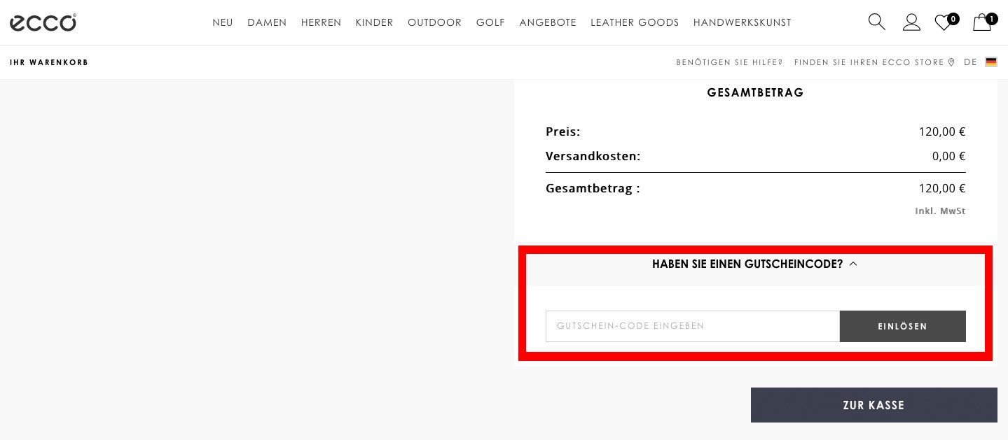 Eingabefeld für den Ecco-Gutschein im Warenkorb