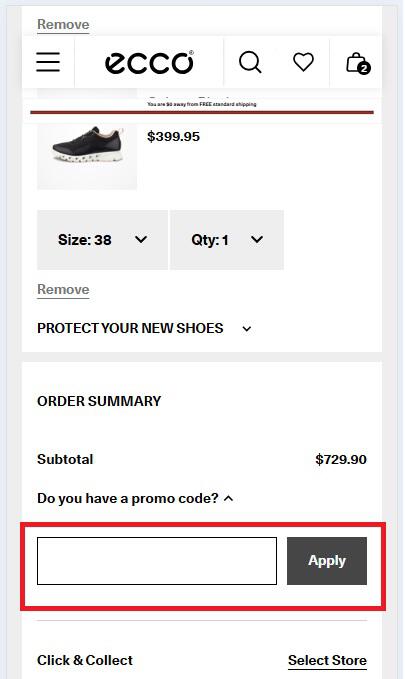 where to find the ECCO promo code box