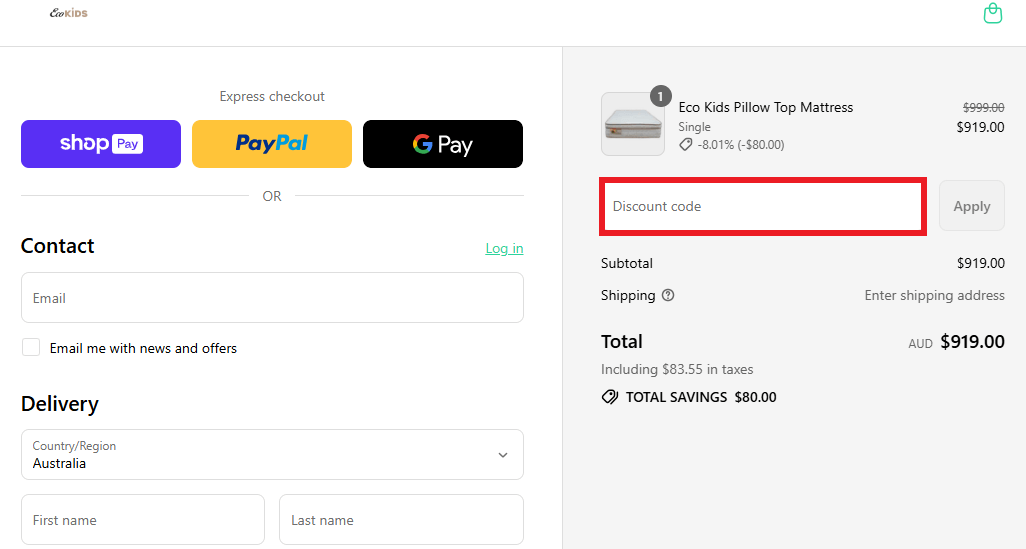 Eco Kids discount code redemption box image