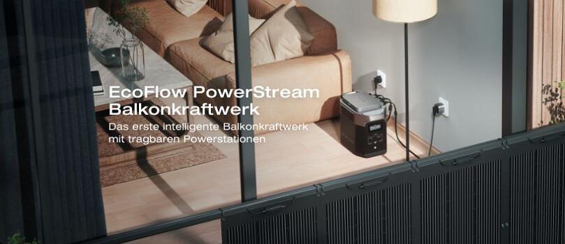 Einblick in eine Wohnung mit Balkonkraftwerk und einer Powerstation als Banner der EcoFlow Gutscheinseite