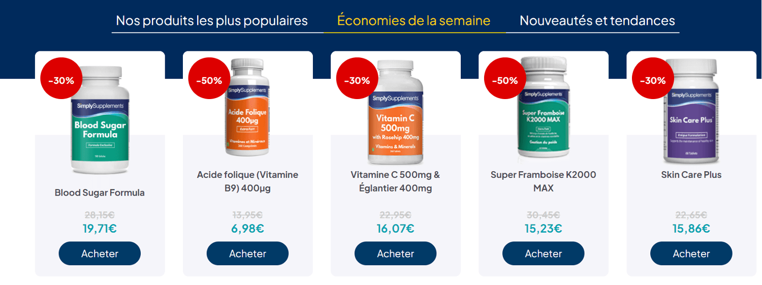 bannière de la boutique en ligne Simply Supplements avec les économies de la semaine