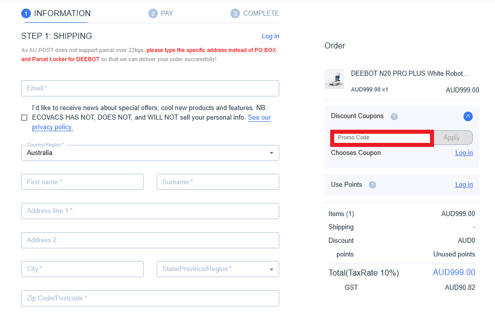 ECOVACS discount code box redemption demo image
