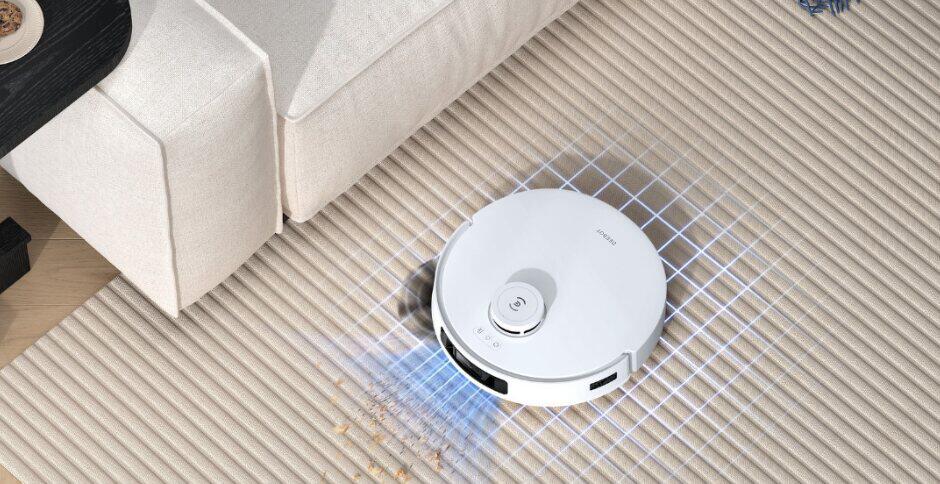 Ecovacs how to save money banner - A cleaning robot vacuuming crumbs on a cream carpet in room setting