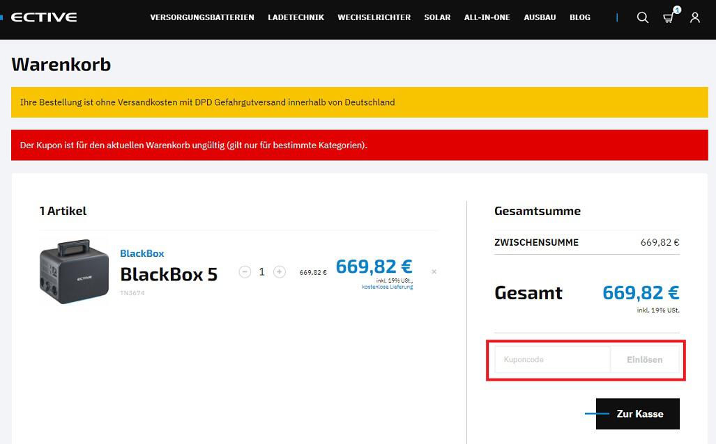 Screenshot aus dem Warenkorb mit Eingabefeld, wo du einen ECTIVE Gutschein einlösen kannst