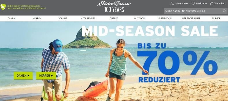 Eddie-Bauer-Website mit Outdoorbekleidung und Angeboten für jedes Abenteuer