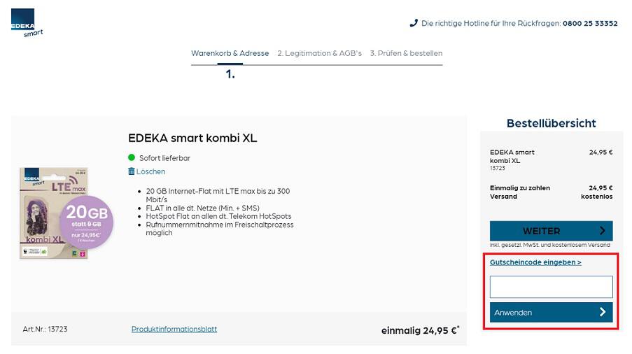 Screenshot aus dem Warenkorb mit Eingabefeld, in dem du den EDEKA smart Gutschein anwenden kannst.