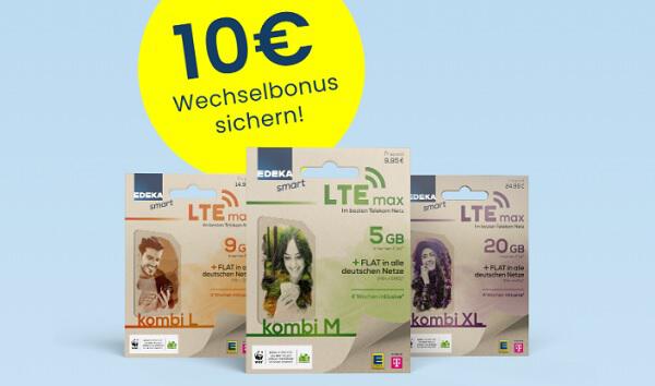 Die unterschiedlichen EDEKA Sim-Karten mit Hinweis auf den 10 € EDEKA smart Wechselbonus, wenn du deine Rufnummer mitnimmst.
