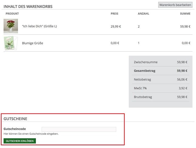 Warenkorbansicht im Onlineshop mit Eingabefeld für den Edelweiß Gutschein