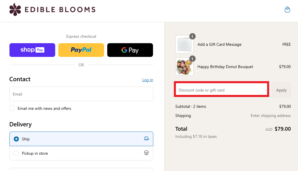 Edible Blooms discount code box during checkout
