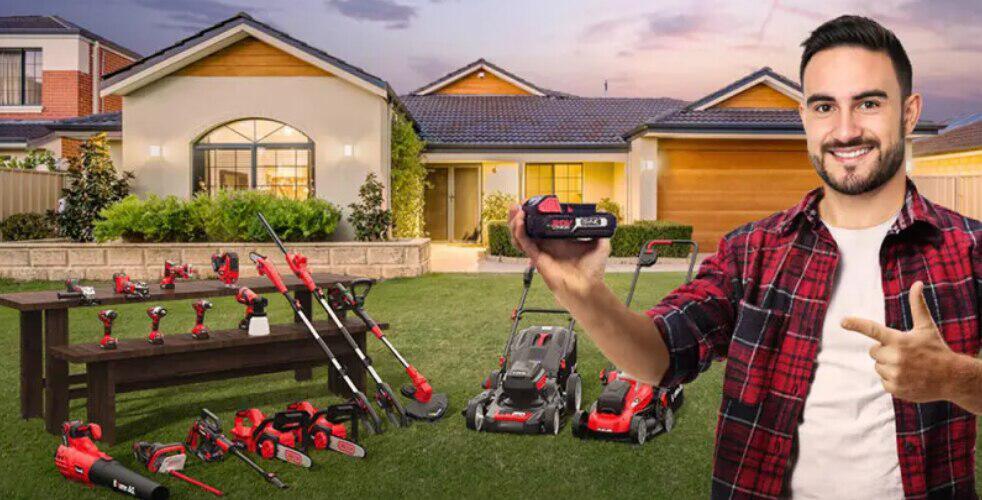 Edisons ways to save image showing man in front of a property with a huge selection of power tools outside
