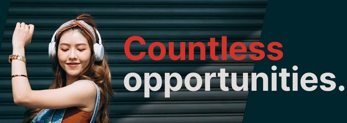 edX savings banner - Woman with headphones on. Text says &apos;countless opportunities&apos;