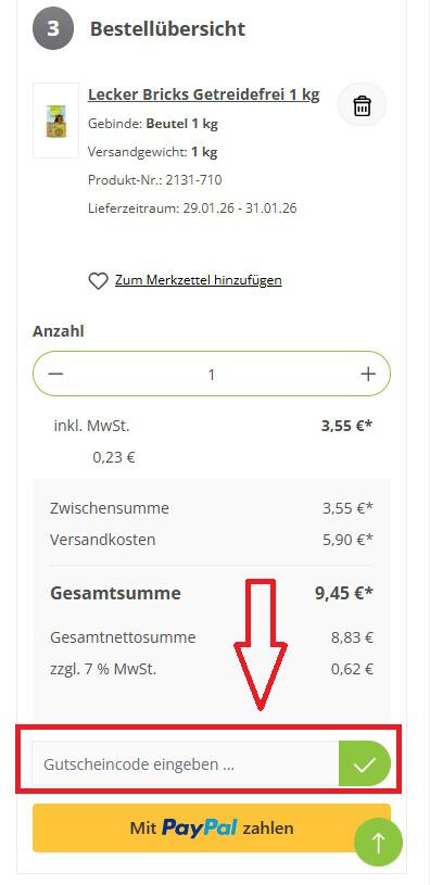 Screenshot aus dem Warenkorb mit Hinweis darauf, wo du den Eggersmann Gutschein einlösen kannst