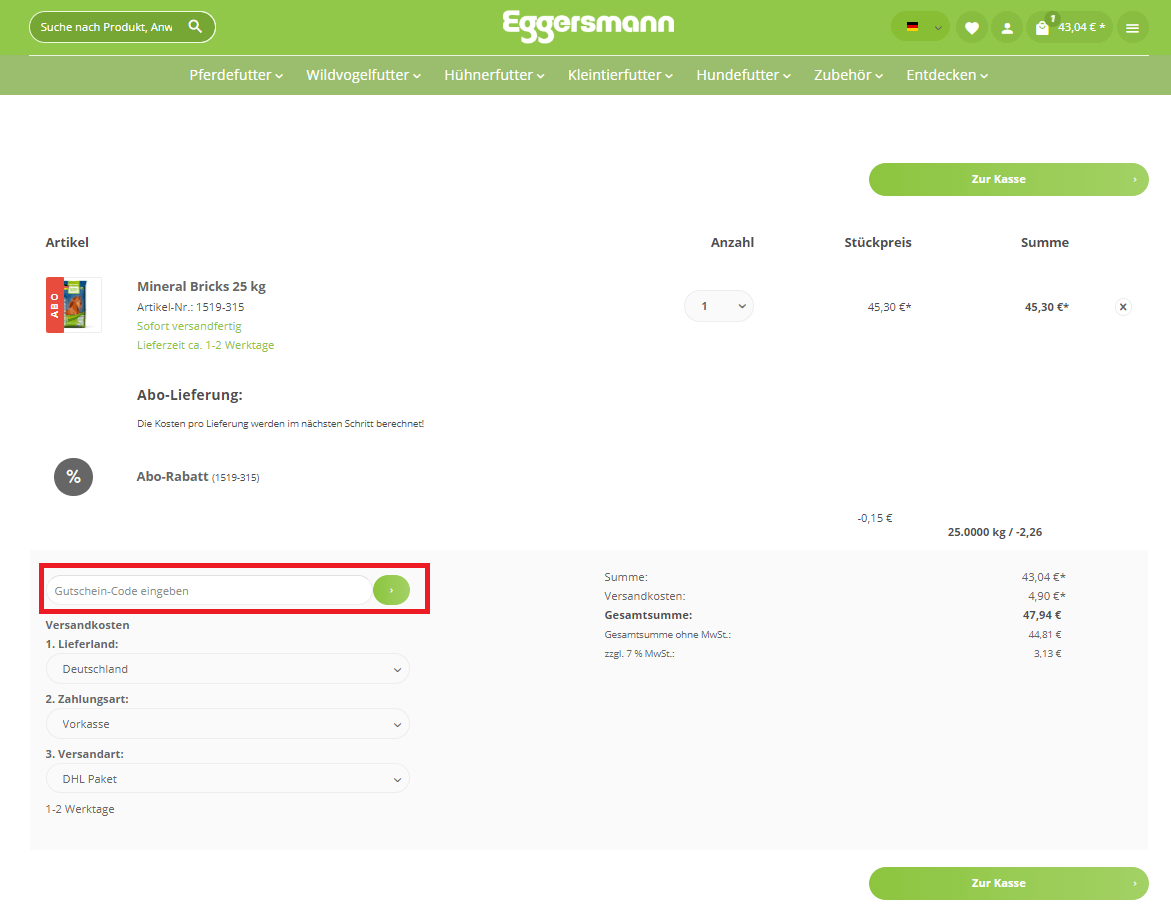 Eingabefeld zum Eggersmann-Gutschein einlösen im Warenkorb des Shops