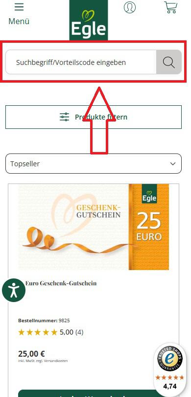 Screenshot von der Startseite wo du deinen Egle Gutschein einzugeben kannst