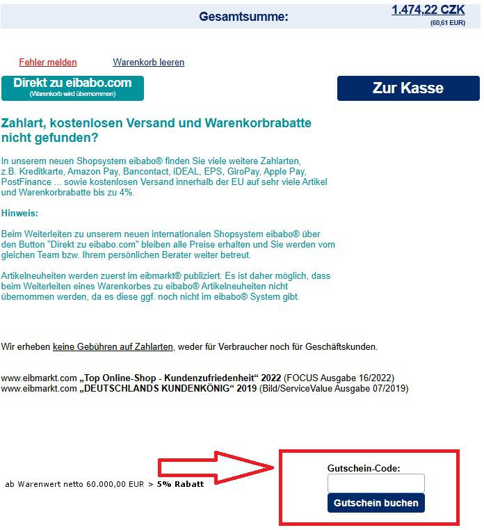 Warenkorbansicht mit Eingabefeld zum Eibmarkt Gutschein einlösen
