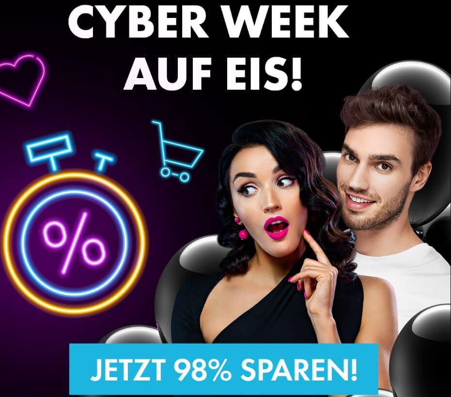 Staunende Frau und lächelnder Mann auf Banner für bis zu 98 % Black Friday Rabatt bei Eis.de