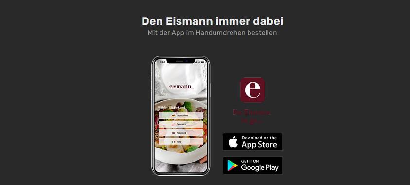 Ein Smartphone vor dunklem Grund zeigt den Startbildschirm der kostenlosen eismann App