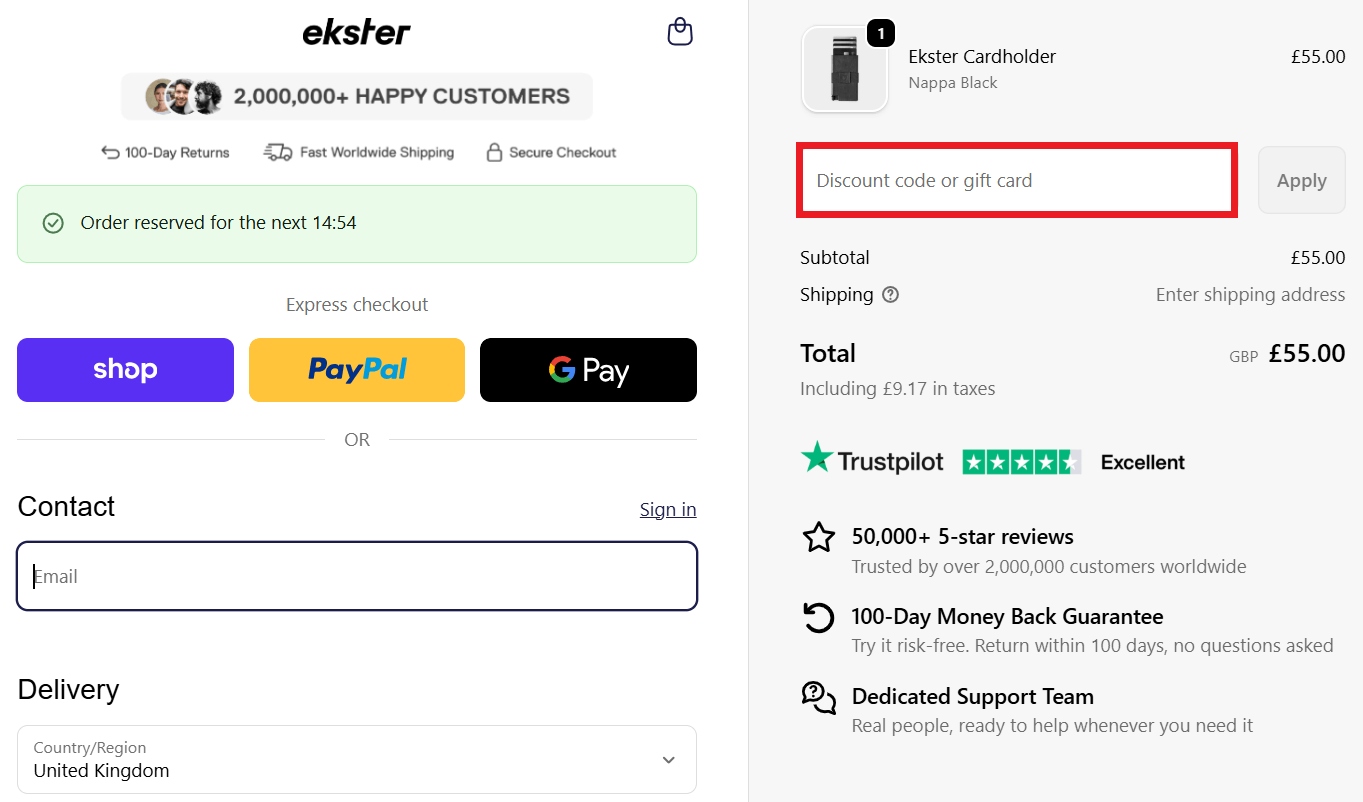 Ekster discount code box in shopping basket image
