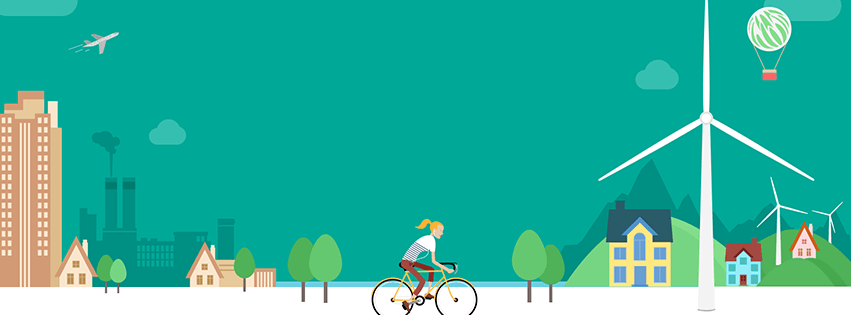 Dessin d&apos;une femme à vélo dans une ville avec une grande éolienne blanche