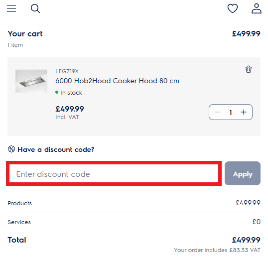 Electrolux discount code box in shopping basket