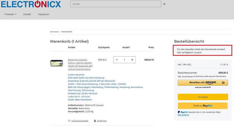 Screenshot aus dem Warenkorb mit Hinweis darauf, wo du den Electronicx Gutschein einlösen könntest.