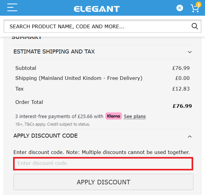 Elegant Showers discount code box in shopping cart