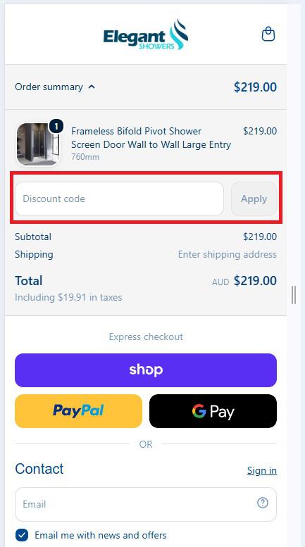 screenshot of Elegant Showers discount code box at checkout
