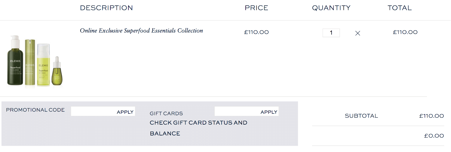 Elemis discount code application box screenshot