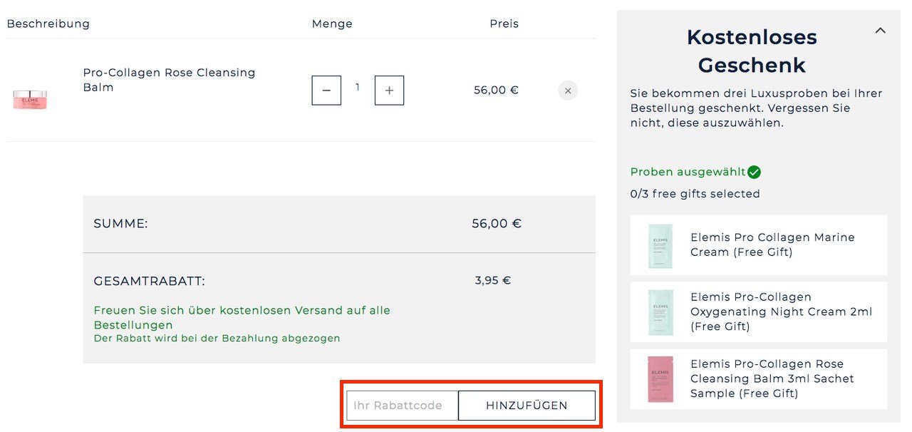 Elemis Gutschein einlösen im Warenkorb