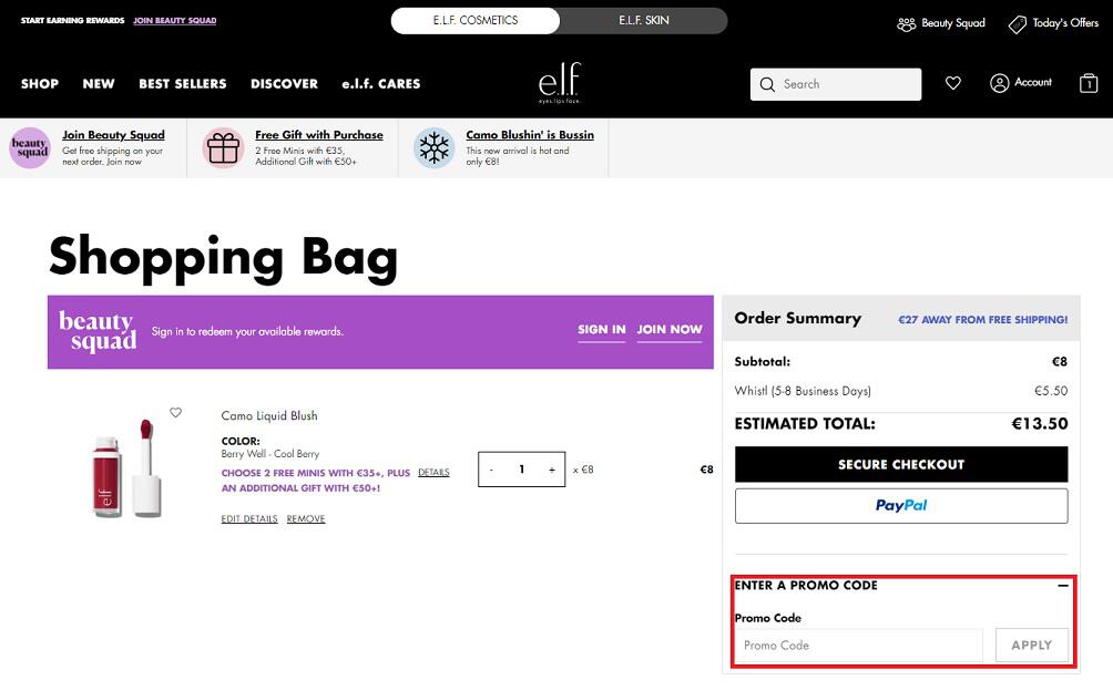 Screenshot aus dem Warenkorb mit Hinweis darauf, wo du den elf Cosmetics Gutscheincode einlösen kannst