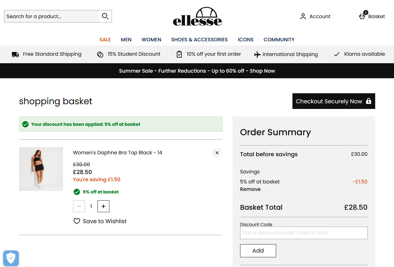 Ellesse discount code application box