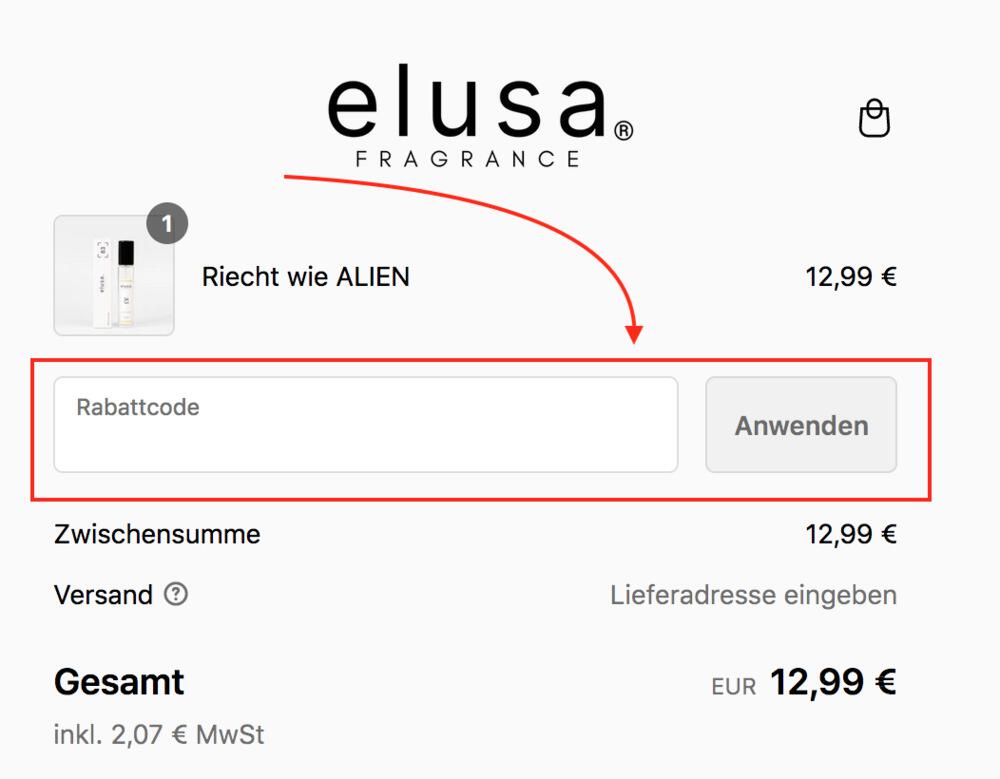 Warenkorb-Screenshot mit Eingabefeld für deinen Elusa Gutschein