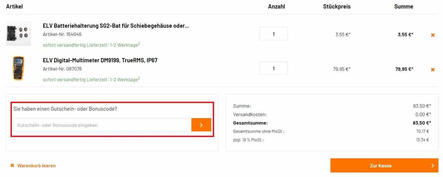 Screenshot vom Warenkorb mit Eingabefeld, wo du einen ELV Gutschein einlösen kannst