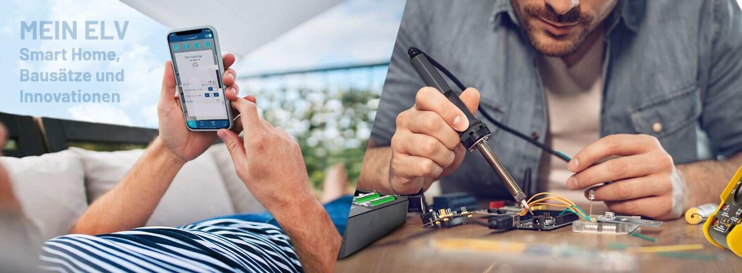 Banner der Seite für ELV Gutscheine – links: Mensch am Smartphone; rechts: Mensch lötet einen Bausatz