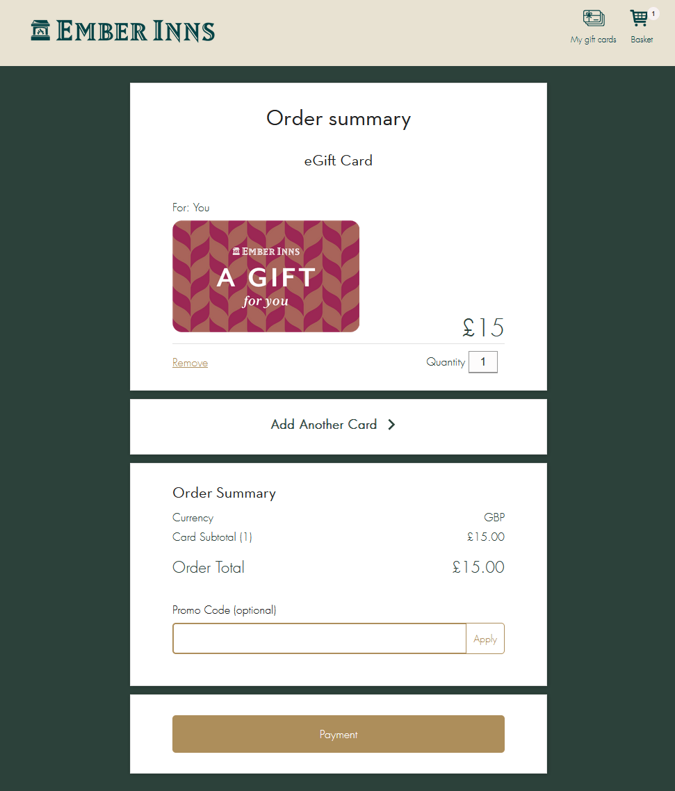 Application box for an Ember Inns discount code at the online checkout
