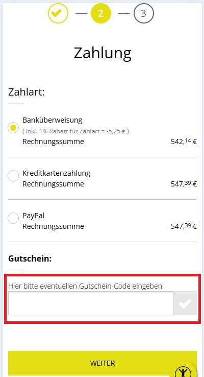 Eingabefeld für einen Emero Gutscheincode im Bestellschritt Zahlung