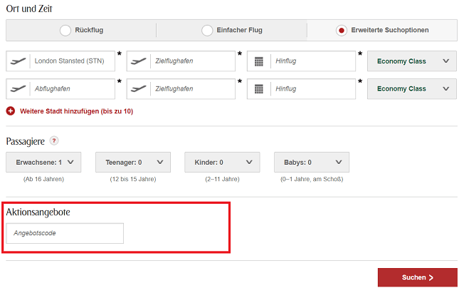 Suche mit Eingabefeld für Emirates-Gutscheine und Aktionscodes