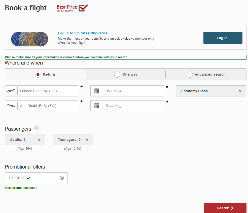 Screenshot of the Emirates promo code application box on the Book a Flight page