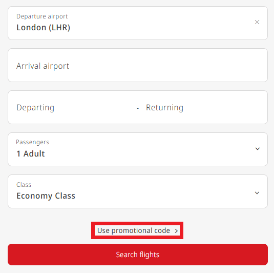 The Emirates promo code application box on the Book a Flight page